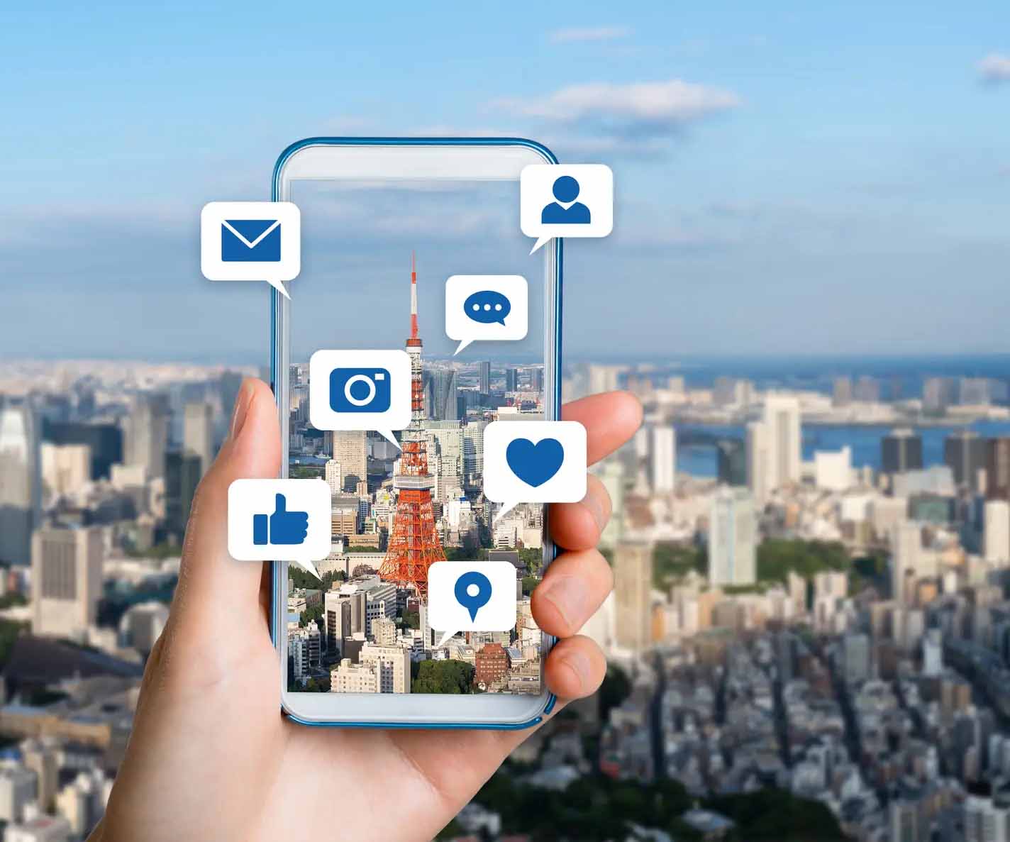 travel influencer mobile phone over cityscape